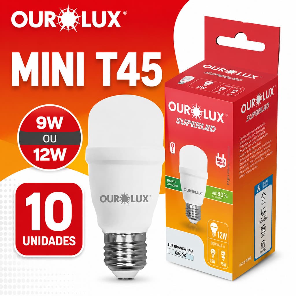 Kit 10 / 5  Lampadas Superled Bulbo Mini T45  9w / 12w  Luz Branca 6500k Bivolt E27 Mini