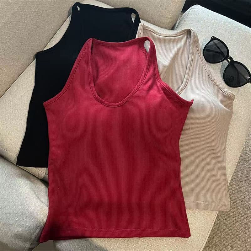 Com almofada no peito fino-ajuste cor sólida curto Bottoming Halterneck colete feminino outono estilo francês elegante j