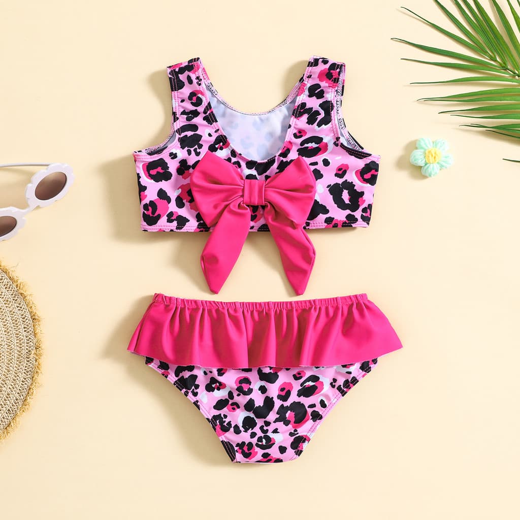 2026 Gravata Borboleta Infantil Roupa De Banho De Duas Peças Rosa Leopardo Maiô Para Meninas Conjuntos De Biquíni De Ver