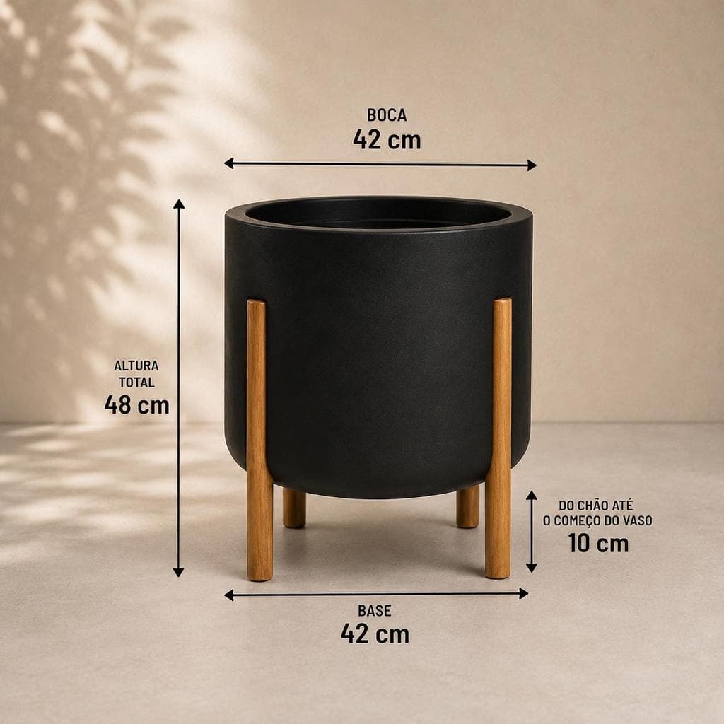 Vaso Decorativo Nórdico G 48cm - Em Polietileno, para Plantas Naturais e Artificiais com Pés de Madeira