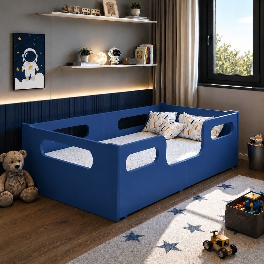Cama Encanto Sem Colchão Azul Montessoriana Juvenil Segura Grade Proteção Quarto Do Bebê Moderna Resistente