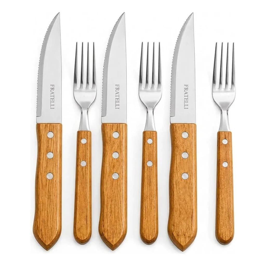 Conjunto De Talheres Jumbo Para Churrasco 6 Peças Facas E Garfos Grandes Lâmina Inox Cabo De Madeira Rustico