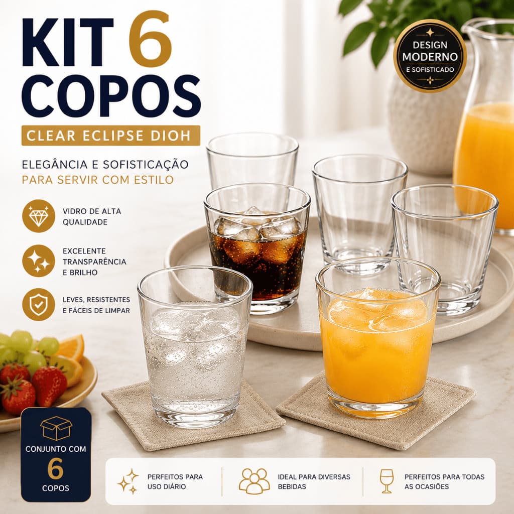 Jogo 6 Copos Baixos De Vidro Clear Eclipse 300ml Grosso Liso Para Água Suco Refrigerante E Drinks