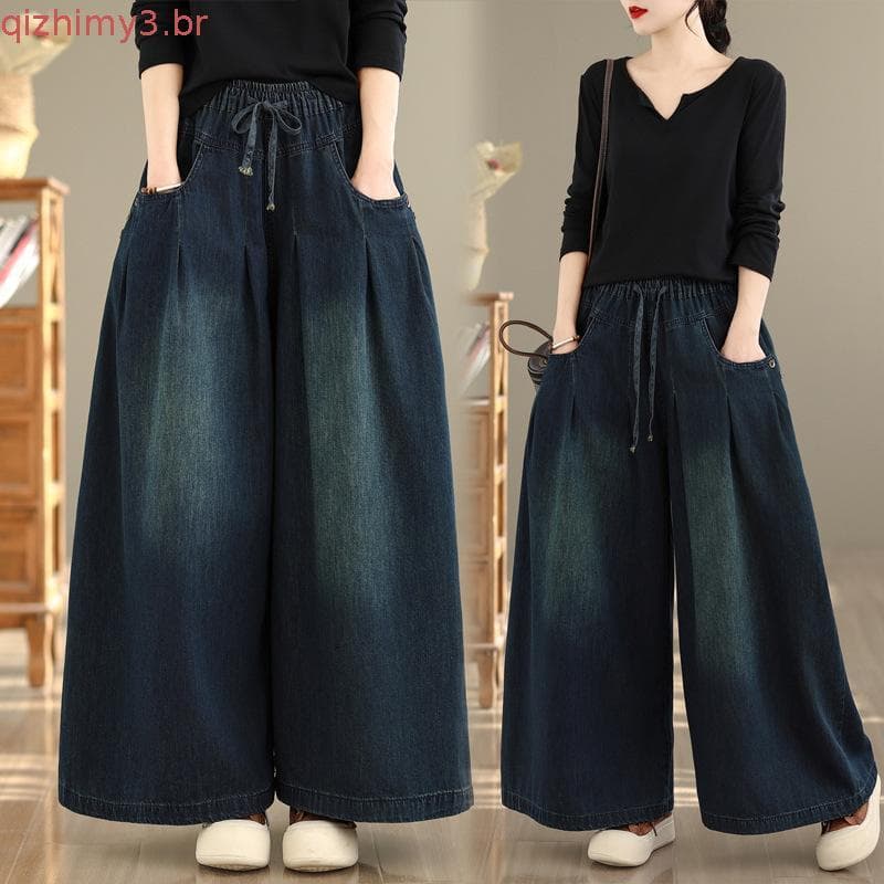 Literário Retro tamanho grande gordura mm Denim calças de perna larga saia feminina primavera cintura elástica cobrindo