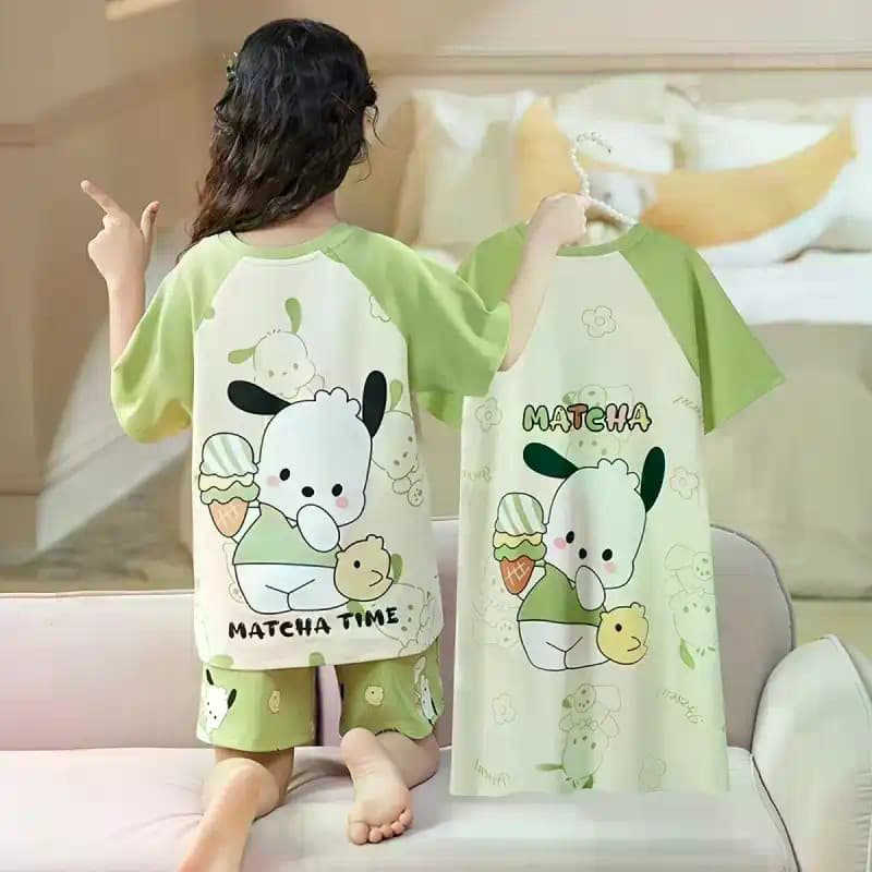 [JTZ] Versão coreana verão novo estilo Xiaoqingxin verde canela cachorro menina camisola longa solta, Shorts finos de ma