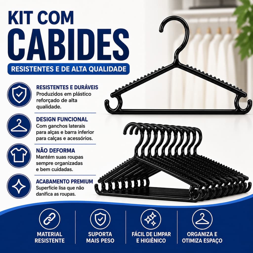 Kit Cabides de Plástico Reforçado Multiuso Resistentes para Roupas com Ganchos Laterais