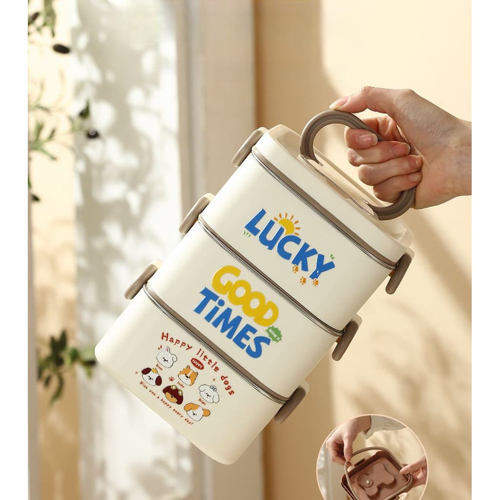 Lancheira térmica três andares com alça, marmita de inox estampada com desenho de cachorros para trabalho