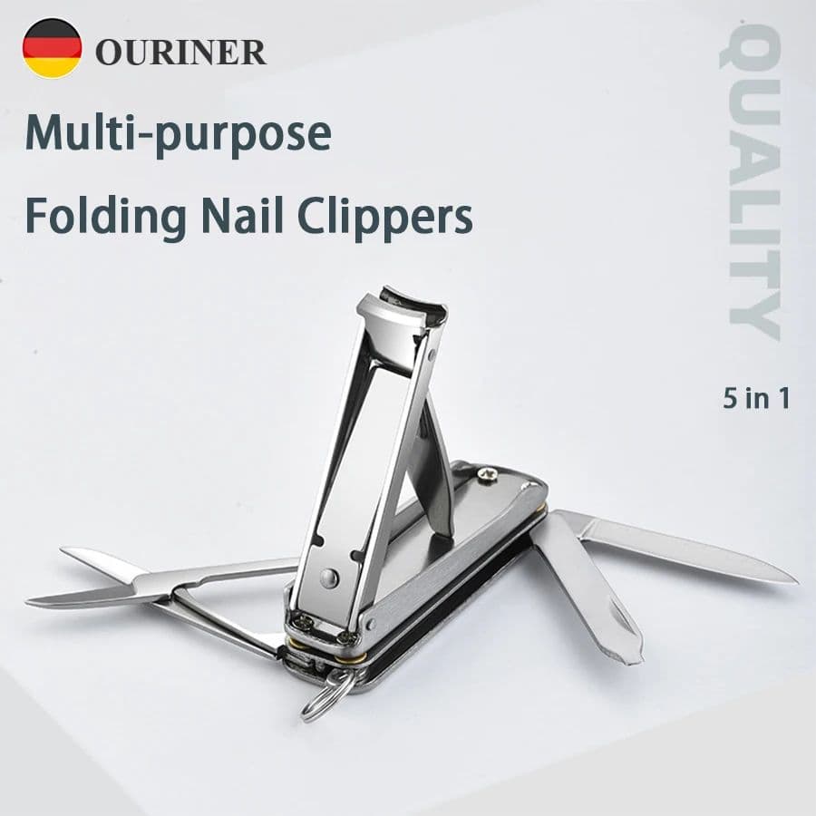 Cortador de unhas multifuncional cinco em um, material de aço inoxidável dobrável, com chaveiro, conjunto, ferramenta de