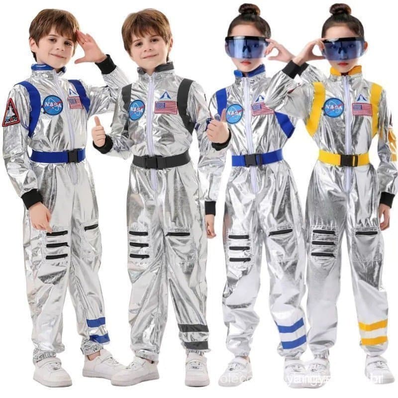Novidades: Fantasia de Astronauta Prateada para Crianças, Cosplay, Traje Espacial para Halloween e Carnaval F8II CO4U FW