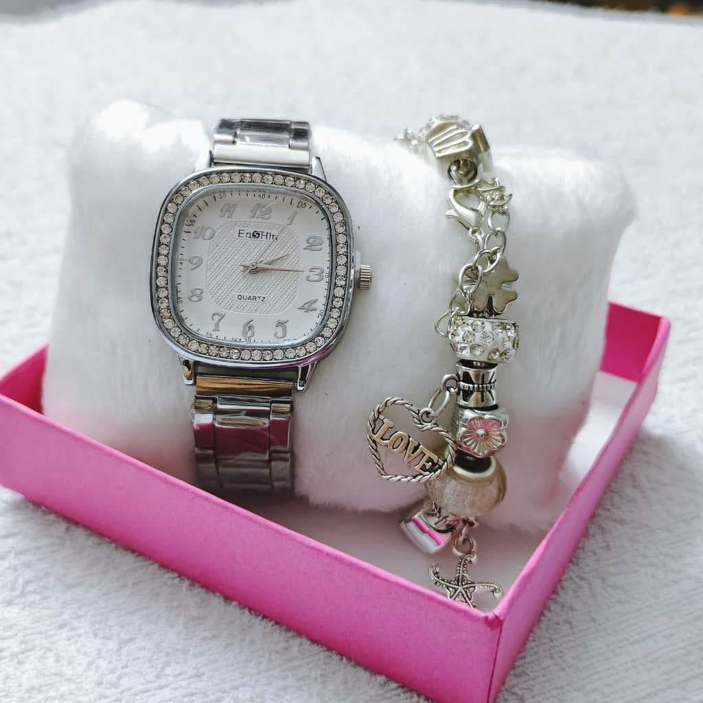 Kits Nova moda feminina relógio quadrado dourado rose prata + pulseira + caixinha