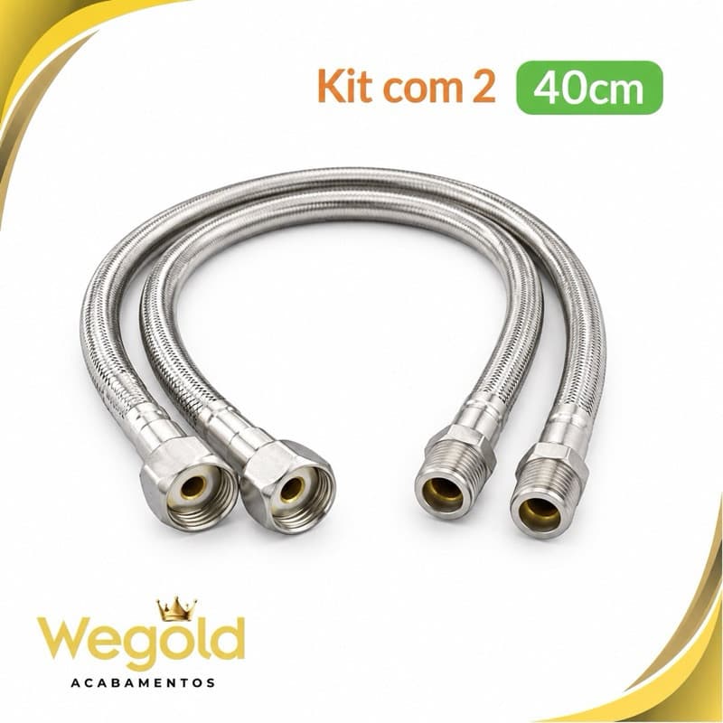 Kit 2 Engates Flexíveis 40cm Aço Inoxidável Malha Trançada Rosca 1/2 Wegold