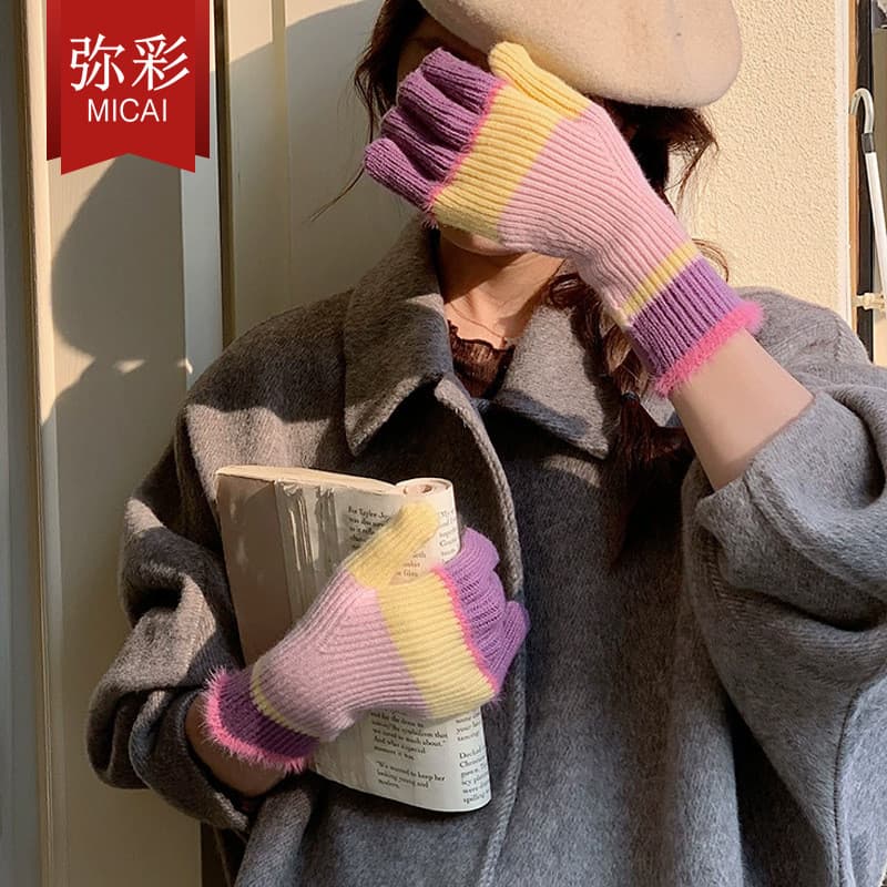 Luvas de Lã Polar Estilo Universitário com Cores Contrastantes, Quentes para o Inverno, Compatíveis com Tela Sensível ao
