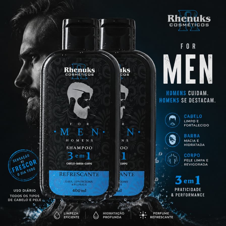 KIT 2 unidades Shampoo For Men 3 em 1 para cabelo barba e corpo - lava condiciona hidrata- Rhenuks 400ml Homem