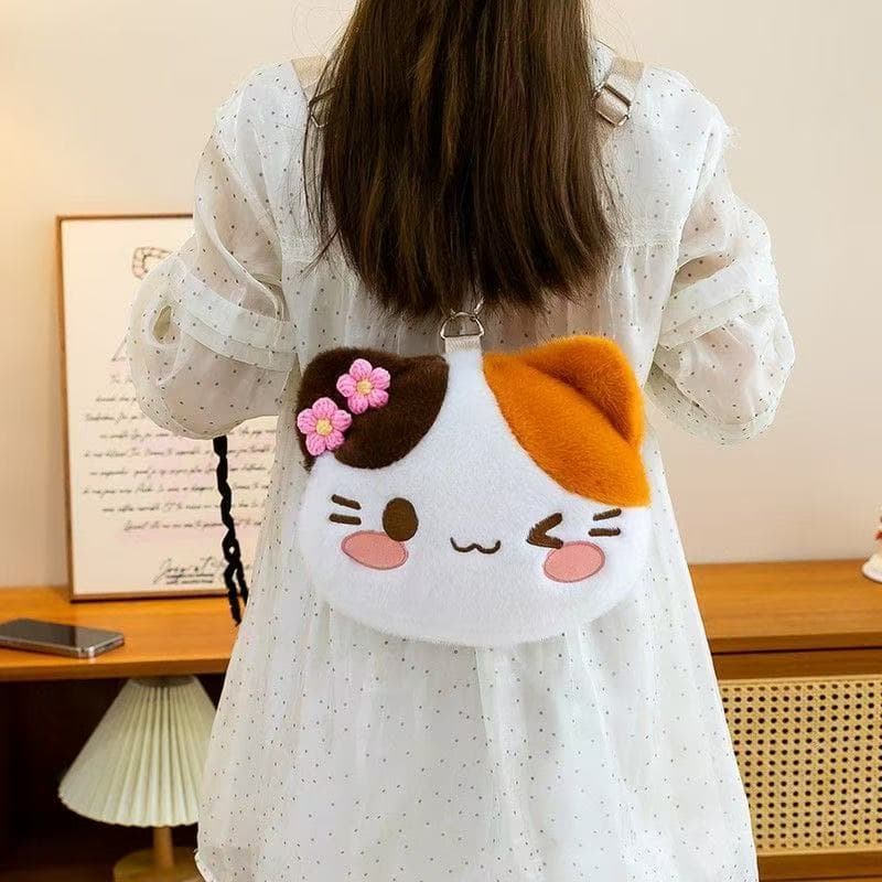 Bolsa de pelúcia de gato tricolor doce e fofa, bolsa feminina estilo ins, adorável mochila de gatinho, presente para men