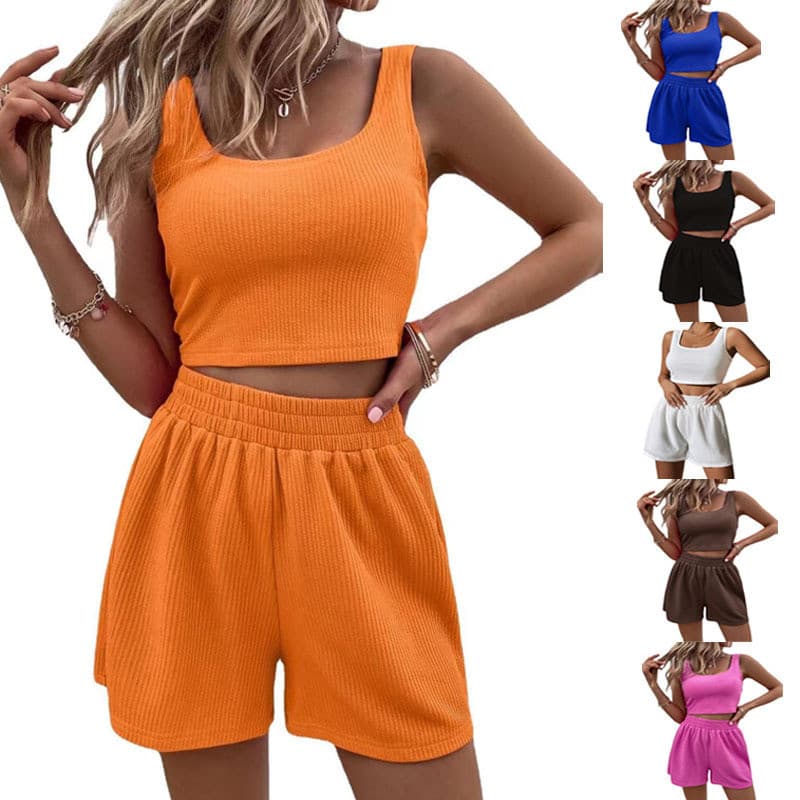 Estilo feminino de verão, fresco e doce, conjunto casual de malha sem mangas para mulheres, em cor sólida.