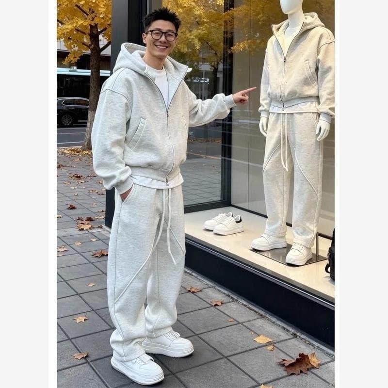 Tamanho grande velo grosso terno masculino inverno com capuz manga morcego jaqueta solta em linha reta Casual calças esp