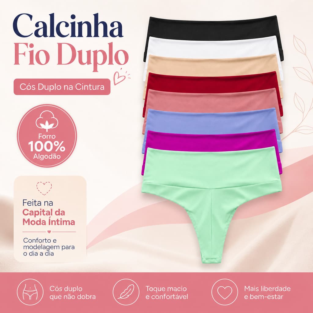 Kit Calcinha Fio Duplo Cintura Alta Cós Duplo Empina Bumbum Forro 100% Algodão