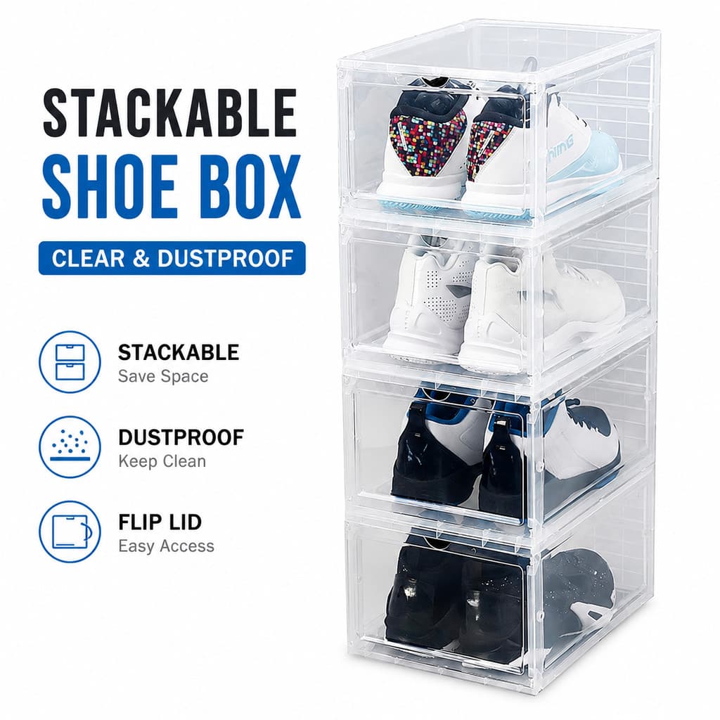 Caixa de Armazenamento de Sapatos Transparente, Empilhável, Dobrável, com Tampa Rebatível, à Prova de Poeira, Organizado