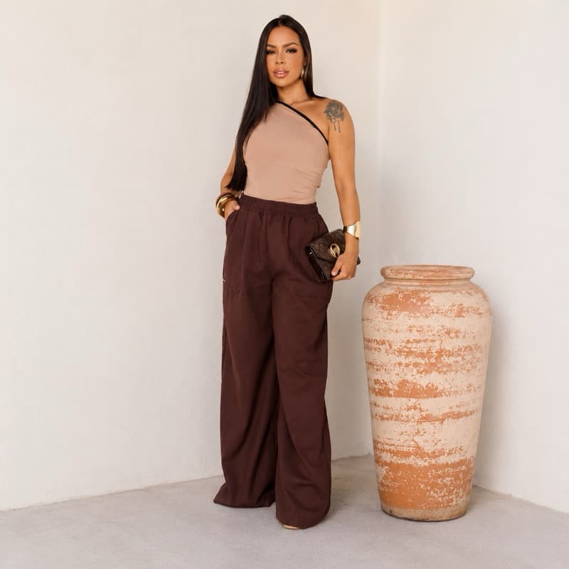 Calça Pantalona Feminina Linho Premium Cintura Alta com Elástico Bolso Wide Leg
