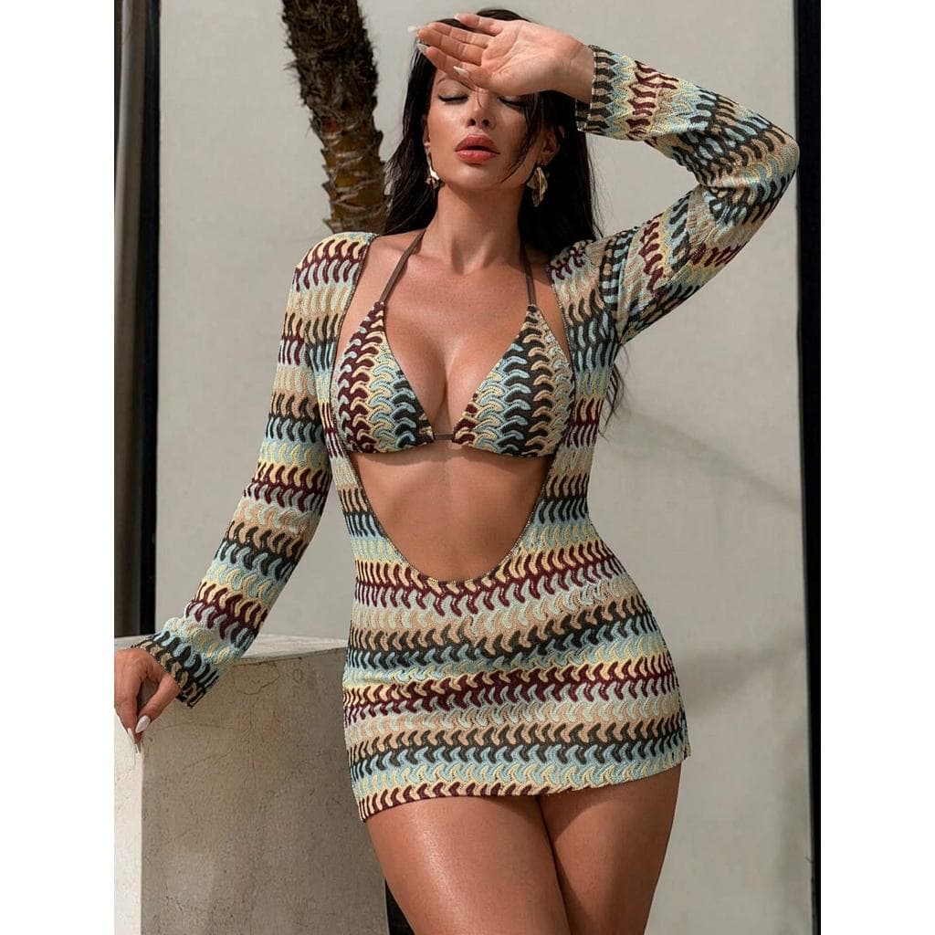K malha maiô de três peças feminino recorte biquíni praia férias maiô moda20260721