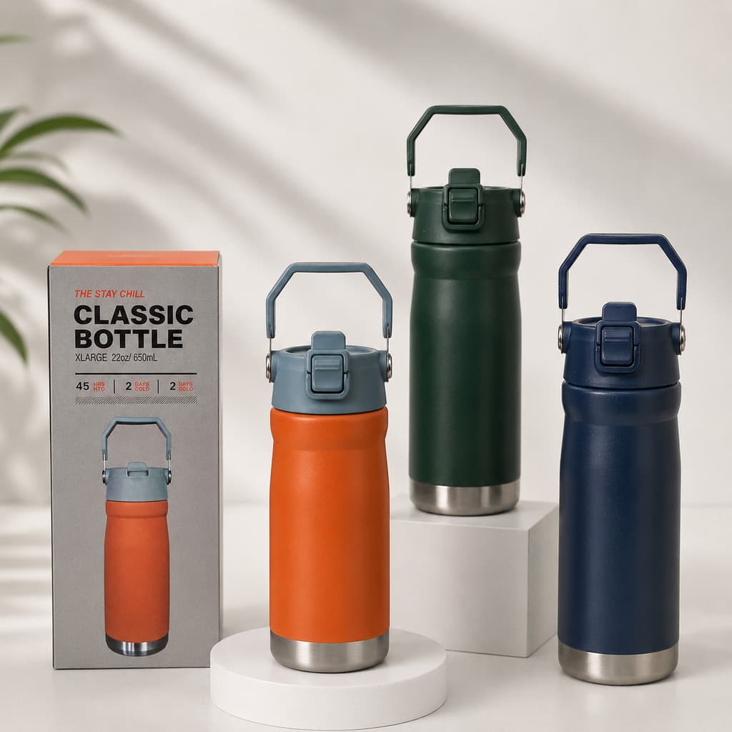 Garrafa Térmica Aço inox 650ml Parede Dupla com Canudo Flip, Alça Portátil SUPER