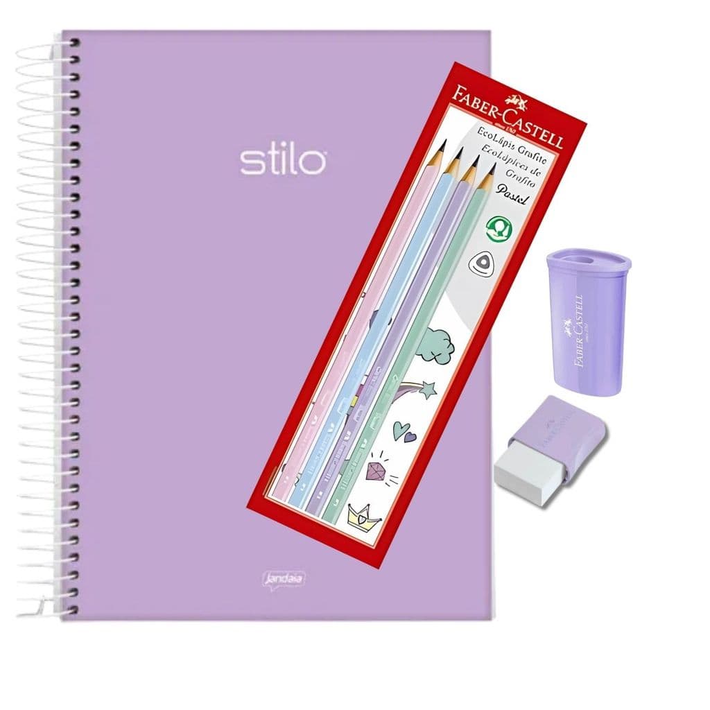 KIT ESCOLAR COM APONTADOR BORRACHA E LÁPIS  + CADERNO CD 01X1 80FLS COLEGIAL STILO PASTEL JANDAIA