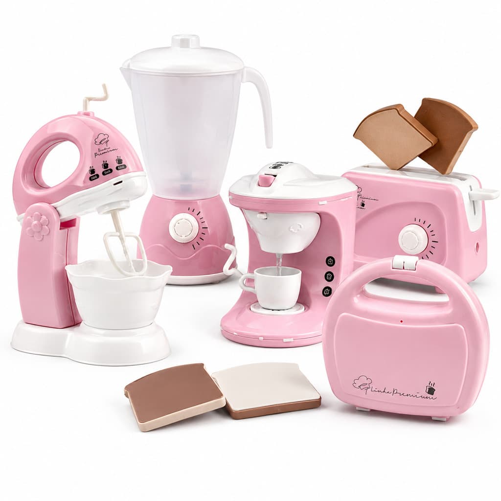 Kit Cozinha Infantil 5 Peças Faz de Conta Cafeteira Sai Água Torradeira Pula Pão Rosa