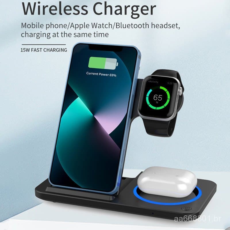 Base de Carregamento Sem Fio Multifuncional para Fones de Ouvido e Relógio, Carregador Dobrável Três em Um com Luz, Mode