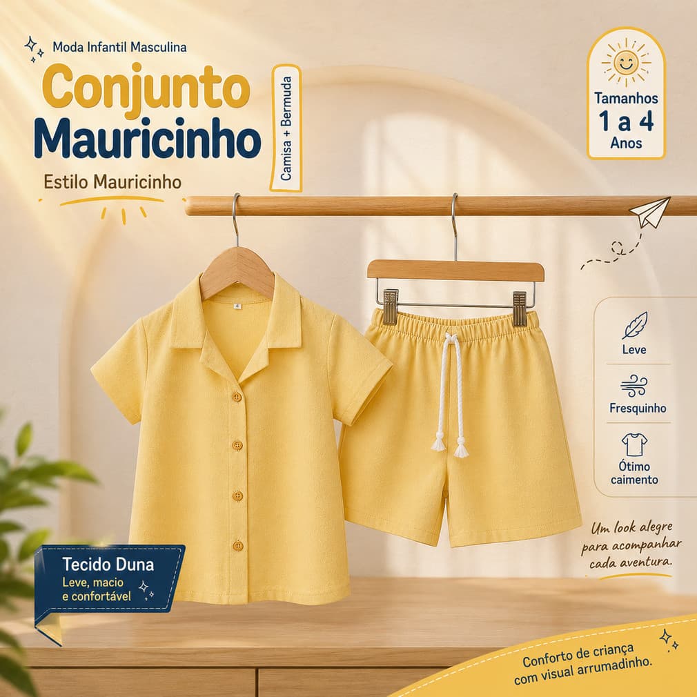 Kit Infantil Masculino Mauricinho Bermuda e Camisa Botão Estilo Família 1 a 4 Anos