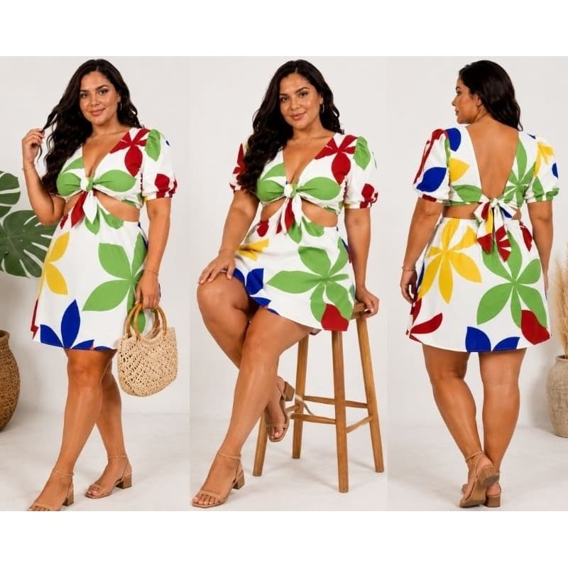 MACAQUINHO CURTO PLUS SIZE SHORT SAIA FEMININO ESTAMPADO DUNA MANGA PRINCESA