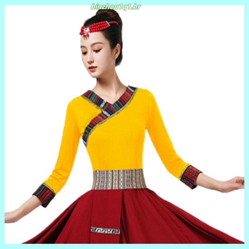 T traje de desempenho de dança tibetana feminino arte exame prática traje dança mongol dança quadrada grande balanço sai