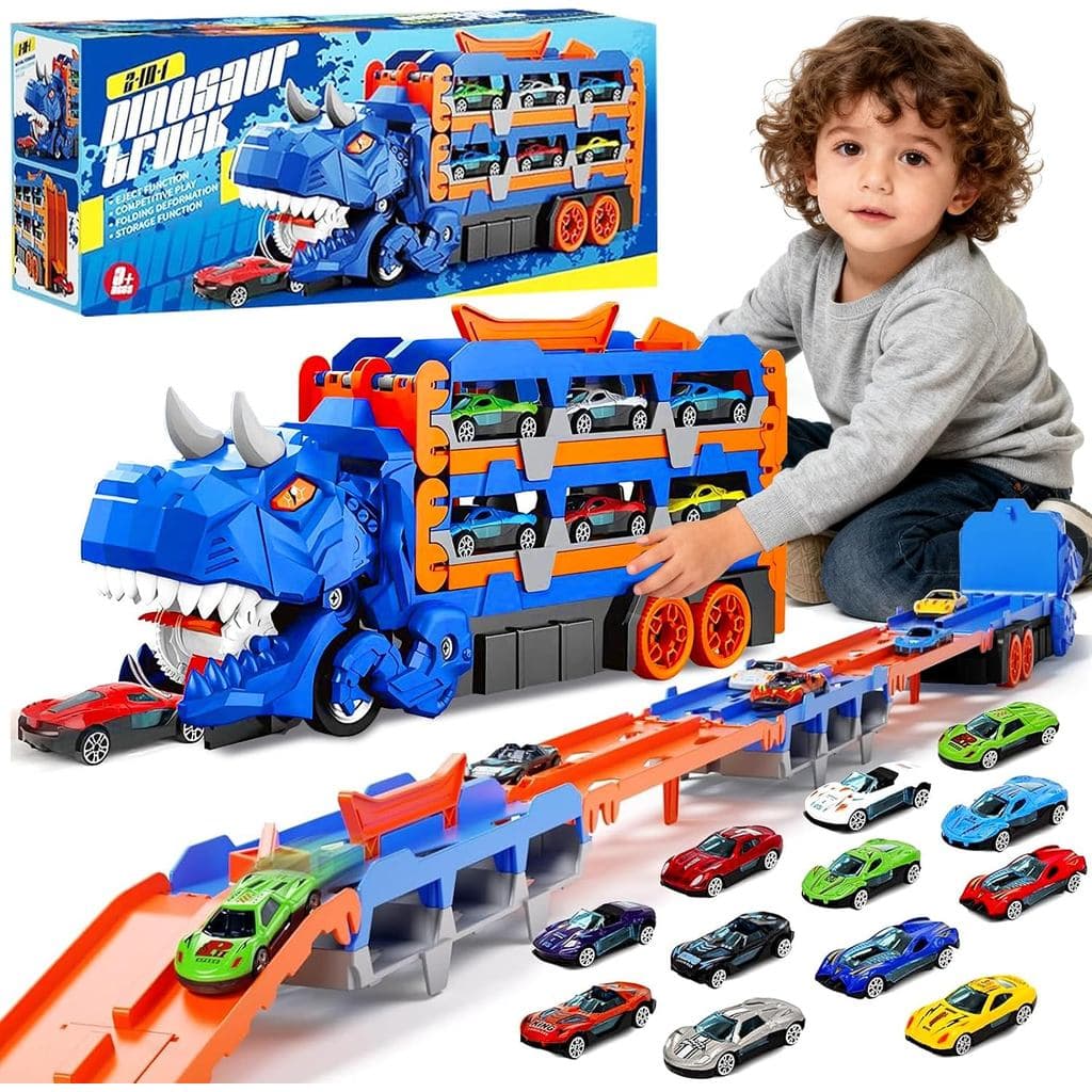 Caminhão Dinossauro 2 em 1 com Pista de Corrida 157 cm e Carrinhos – Brinquedo Infantil para Meninos e Meninas