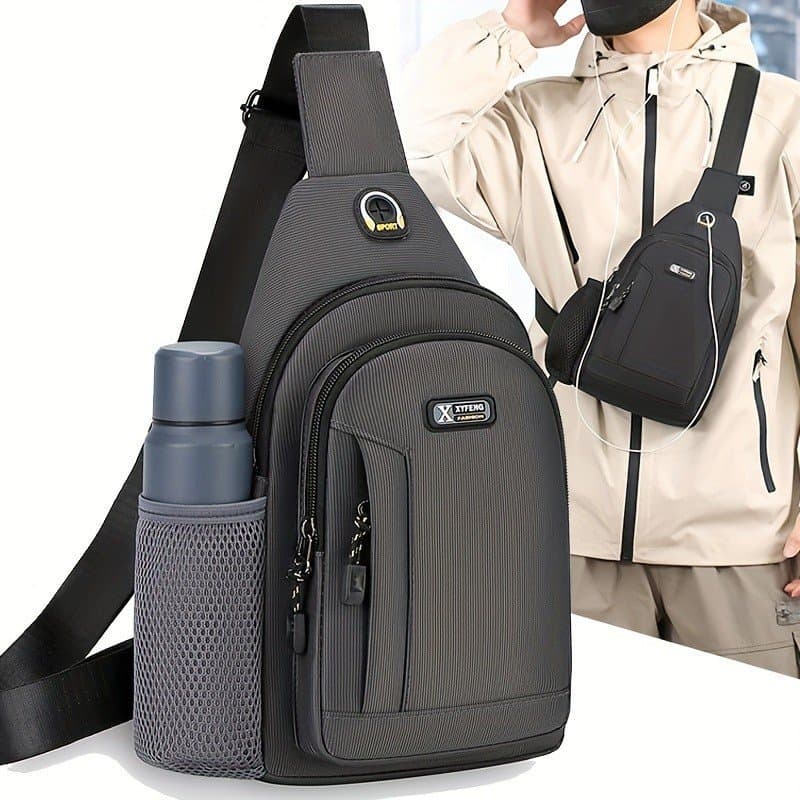 Bolsa de Peito Casual Masculina Oxford com Suporte para Garrafa de Água - Mochila Multifuncional para Esportes ao Ar Liv