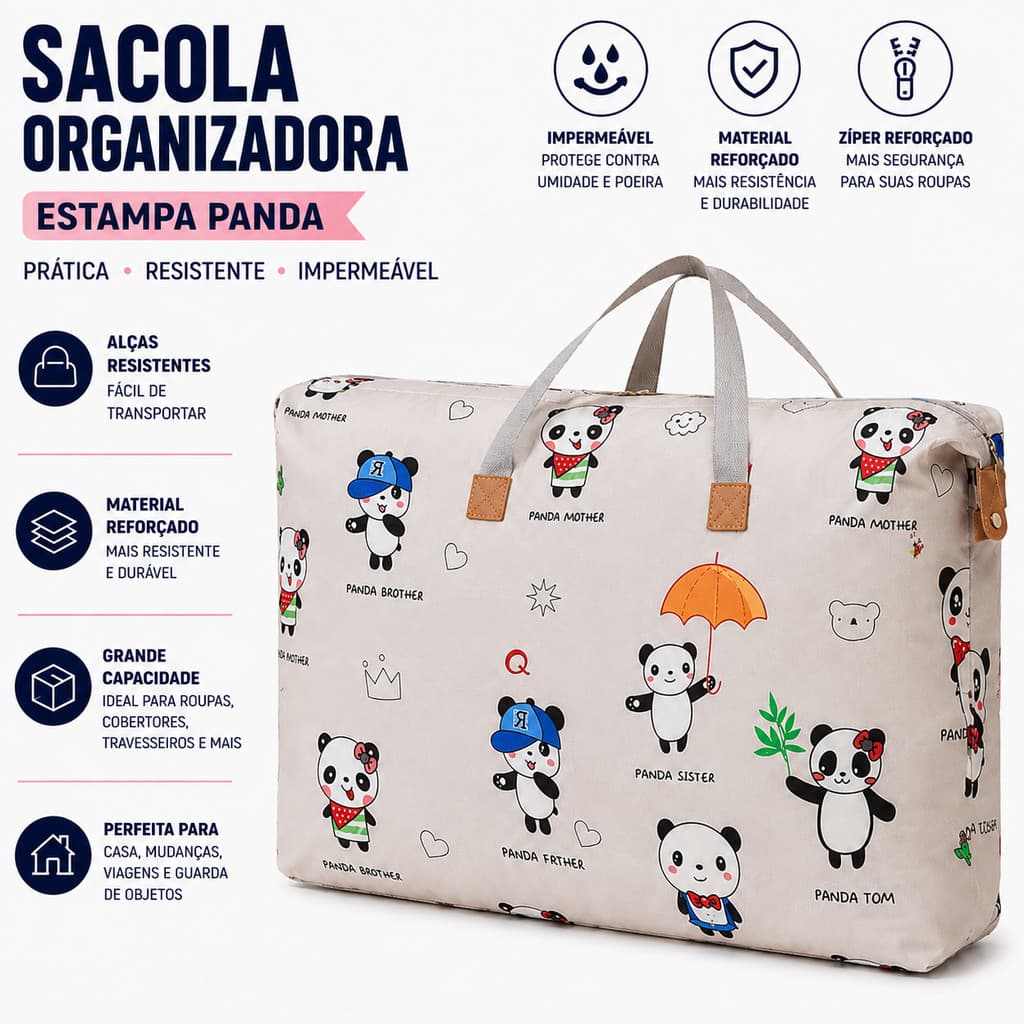Bolsa Sacola de Armazenamento E Organizador - Tecido Resistente Estampa Panda