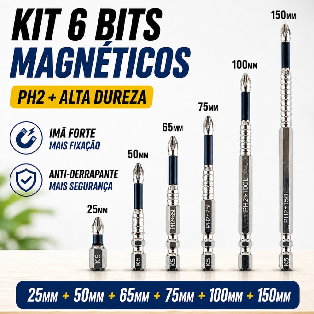 Kit 6 Bits Magnéticos PH2 para Parafusadeira – Aço de Alta Dureza e Anti-impacto