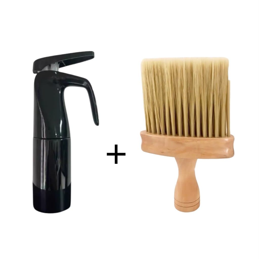 Kit de Barberio Espanador Sintético Quadrado Madeira e Borrifador Bico de Ganso Preto 200ml