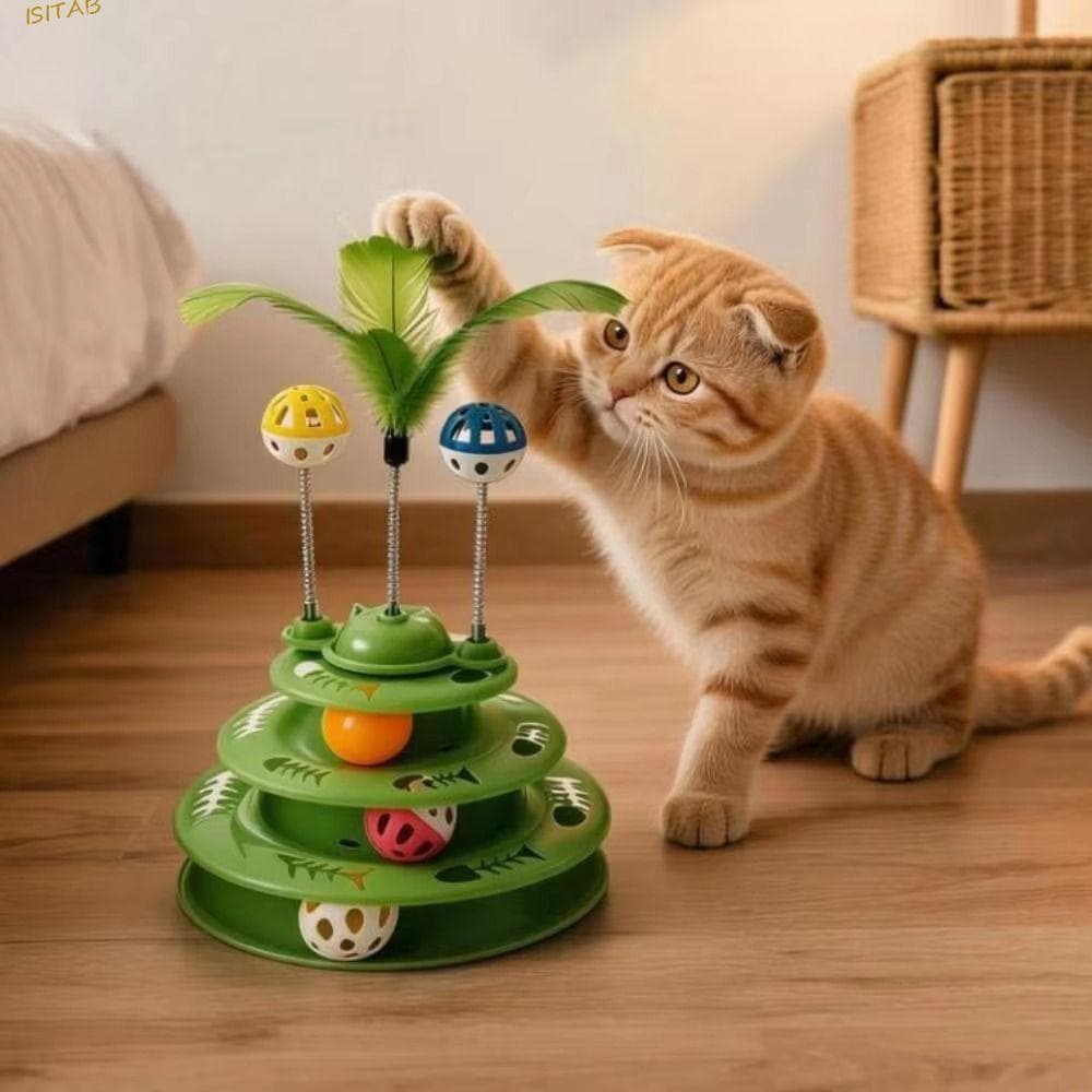 Brinquedo Giratório Para Gatos ISITAB , De Bola De Pista De Gato Com Varinha De Mola , Teaser De Penas Multicamadas