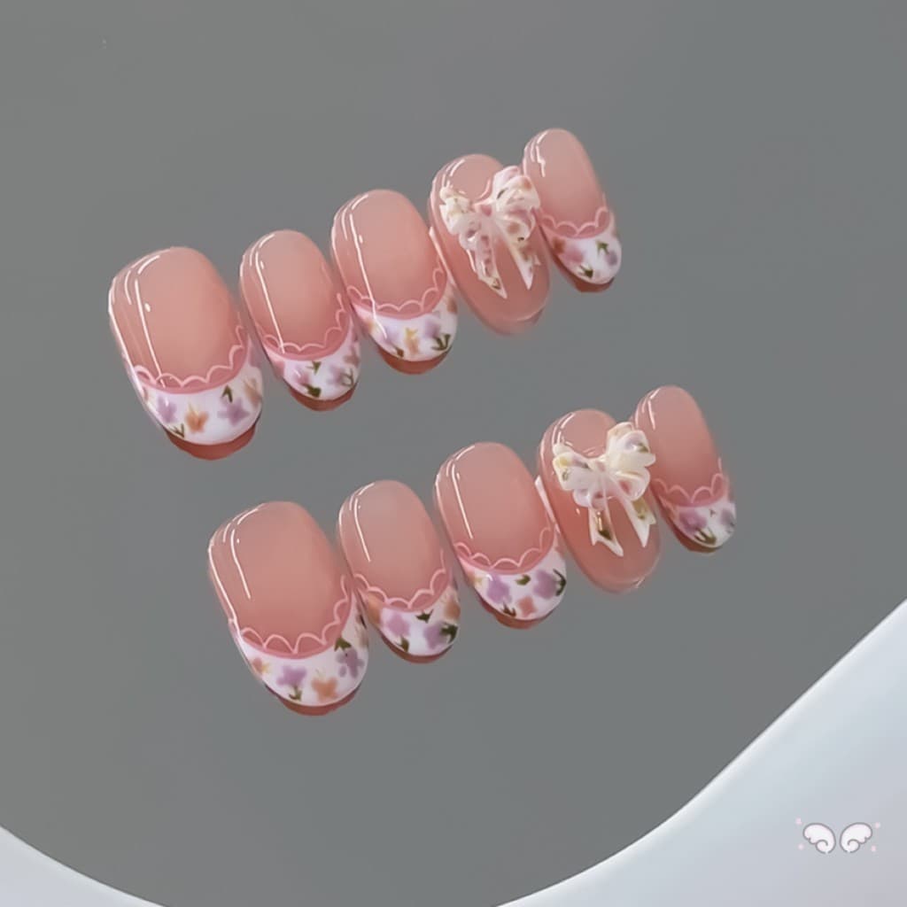 10 Unidades De Unhas Falsas Florais Francesas-Laço Curto Doce Rosa Para Festas De Uso Diário