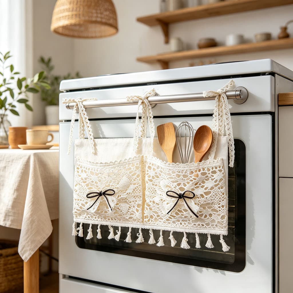 Cortina De Forno Boho Multifuncional De 1 Painel Para Cozinha Bolsa De Bolso Suspensa Com Bolsos De Renda De Crochê Cadd