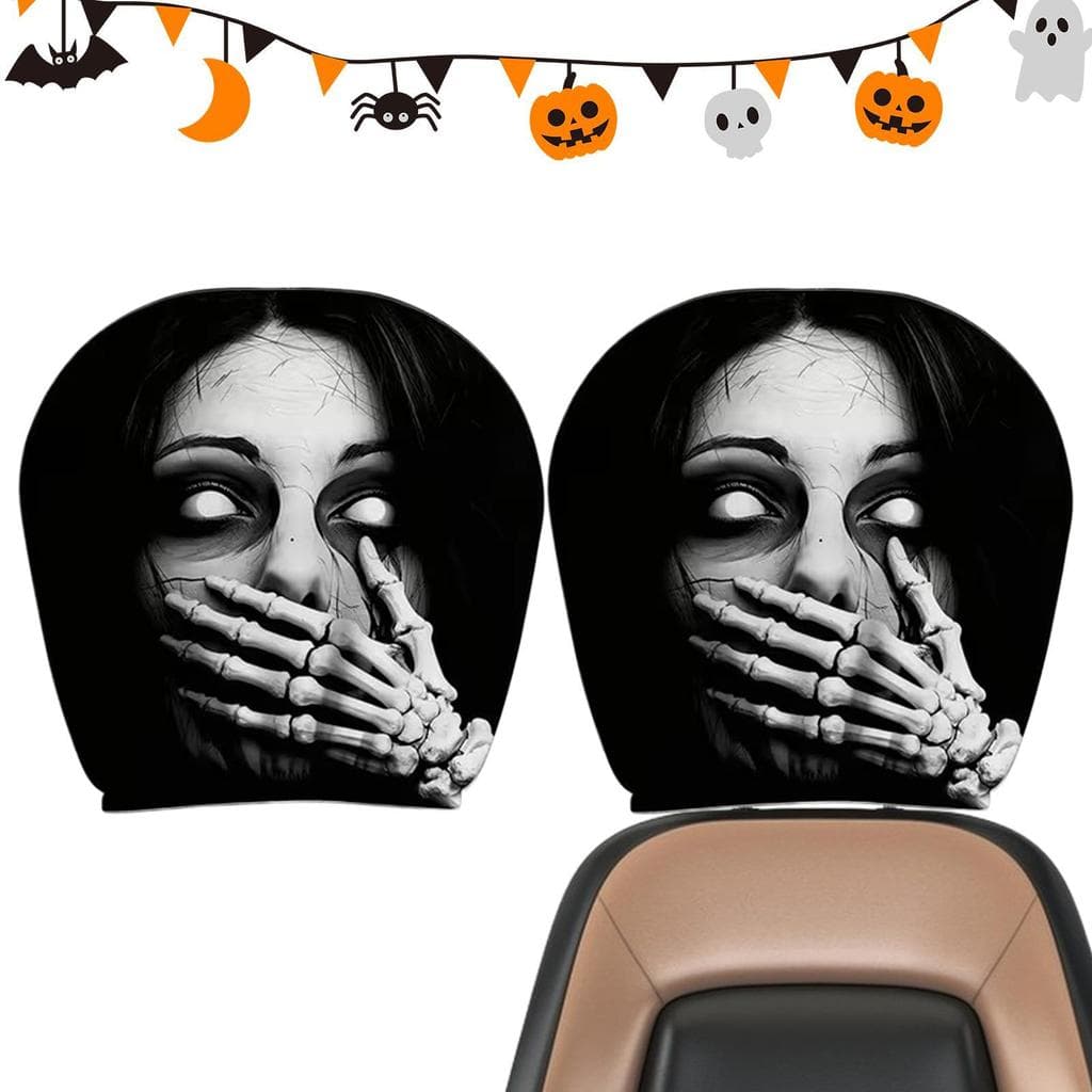 2 Peças Horror Fantasma Rosto Encosto De Cabeça Do Carro Cobre Lavável Elástico Universal Assustador Halloween Acessório