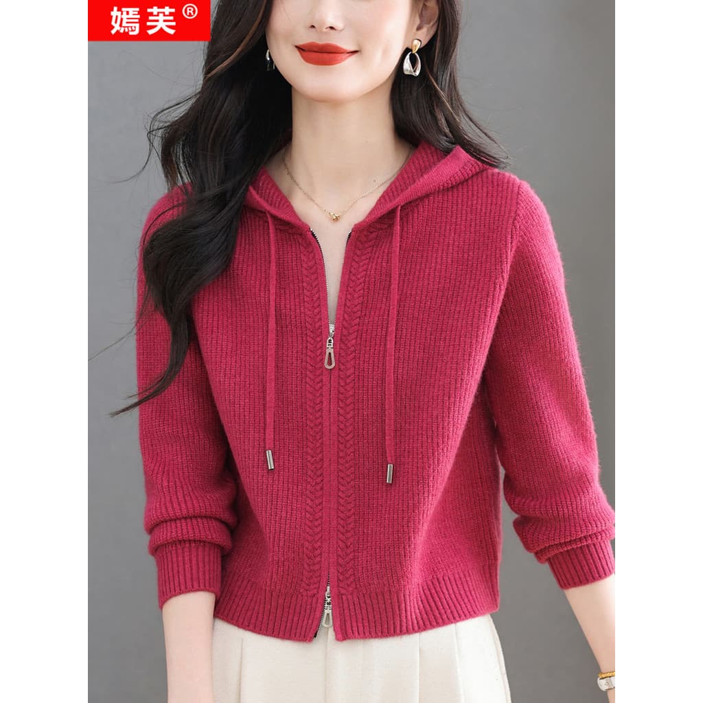 Yanfu lã Cardigan feminino primavera outono com capuz jaqueta de malha curto zíper superior moda All-match camisola exte