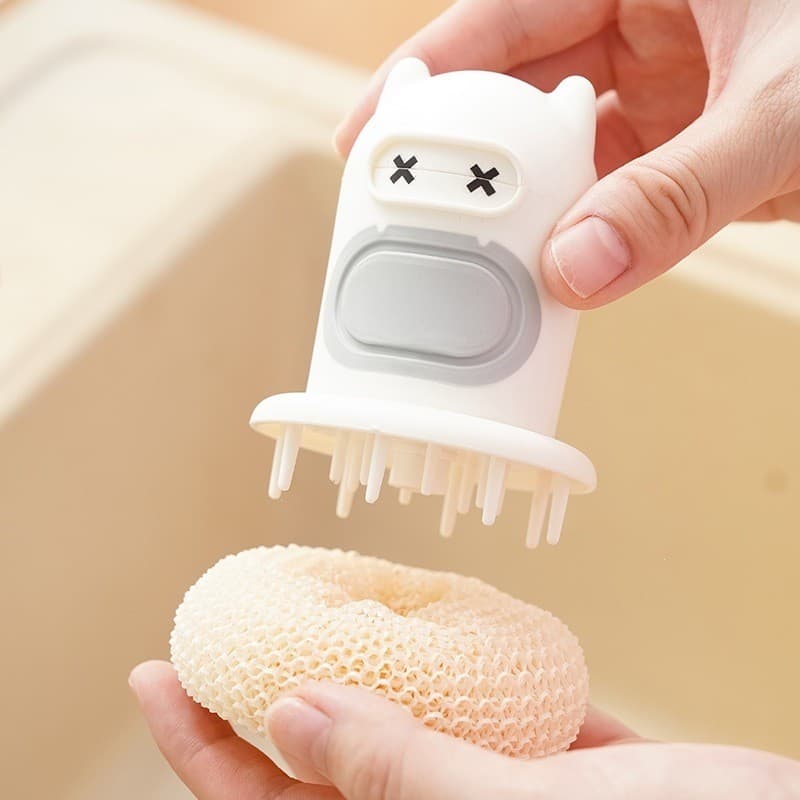Nova escova para panelas de cozinha, escova de pressão com design de desenho animado, ferramenta automática para limpeza