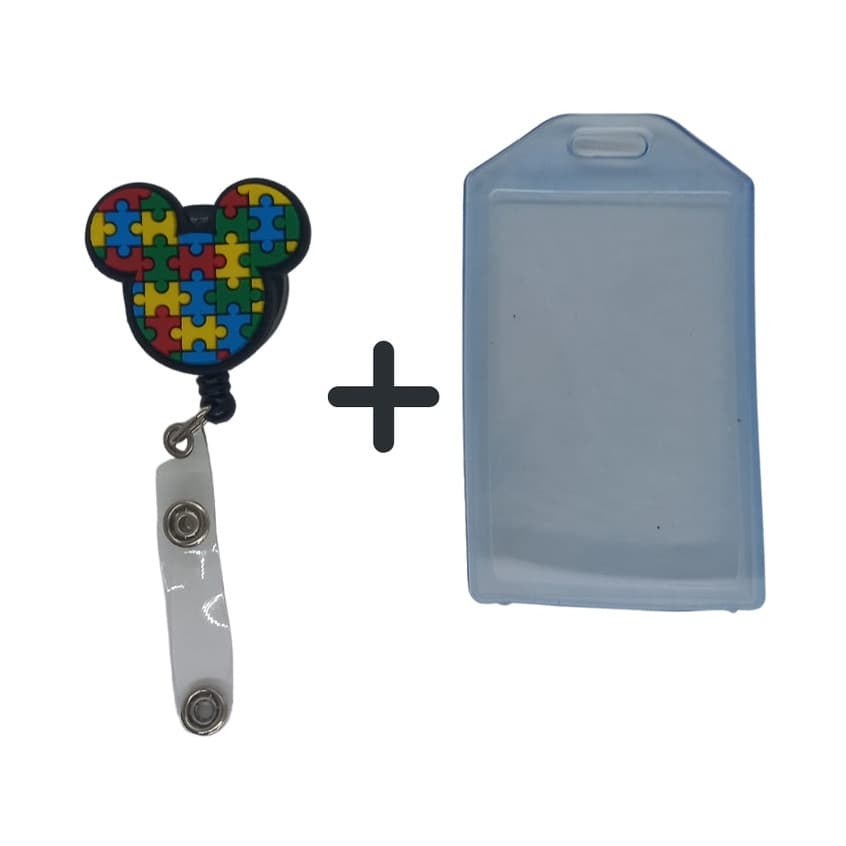 Kit Porta Crachá Retrátil Autista Autismo + Porta Cartão Maleável