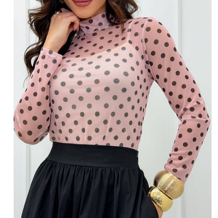 Body Feminino Tule de Bolinhas Manga Longa Transparente Gola Alta Elegante