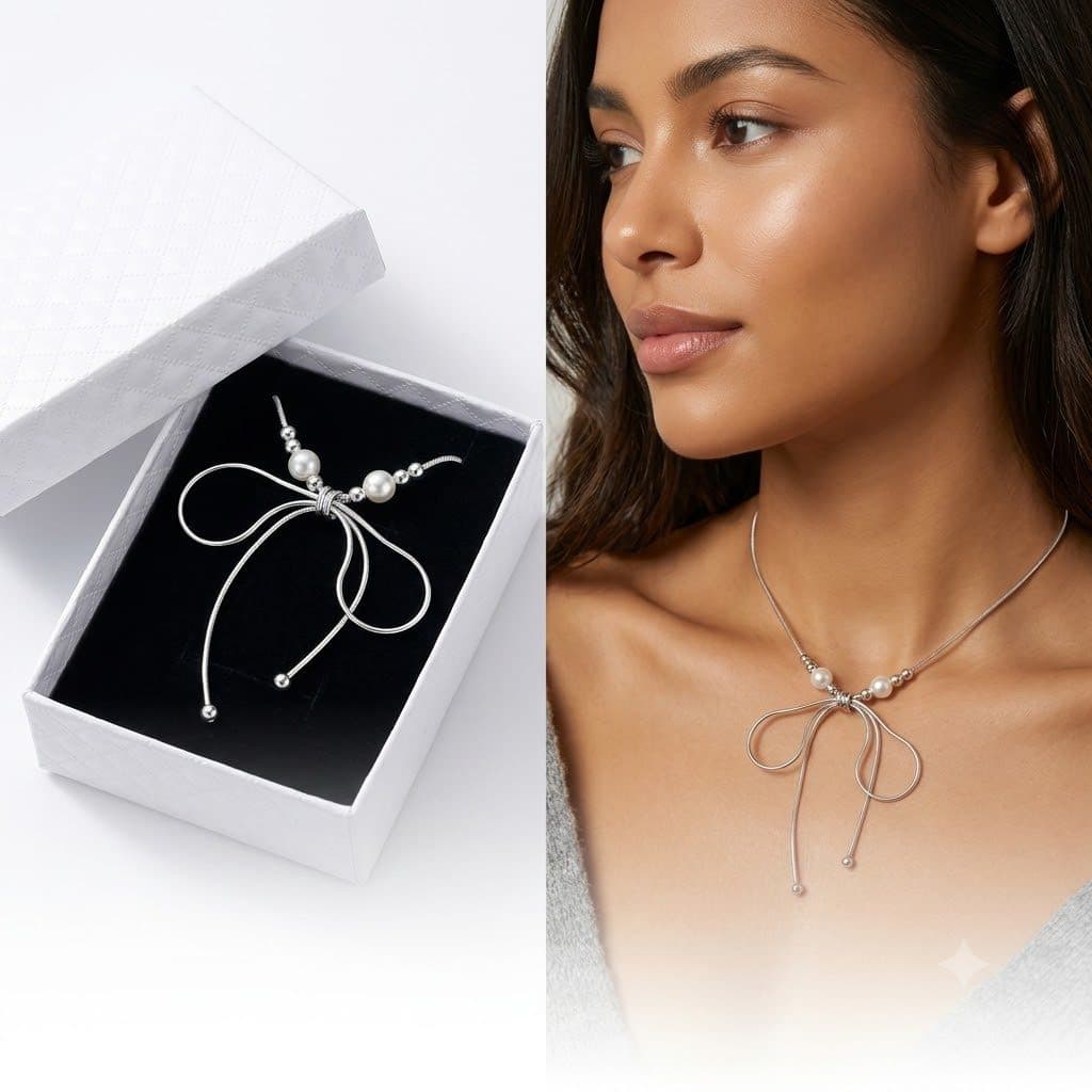 Colar Feminino Laço Pingente Flor Zirconia Prata Banhado + Caixa para Presente Luxuosa Perfeito