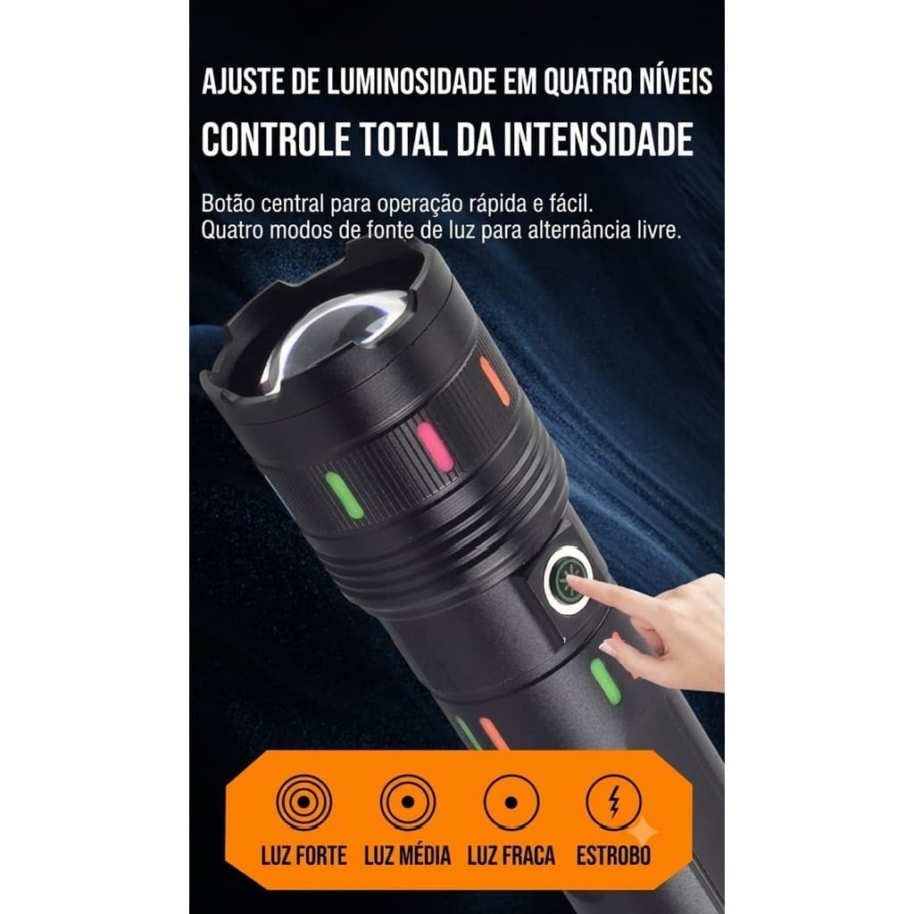 Lanterna Tática LED Super Potente Zoom USB Recarregável Foco Longe/Perto