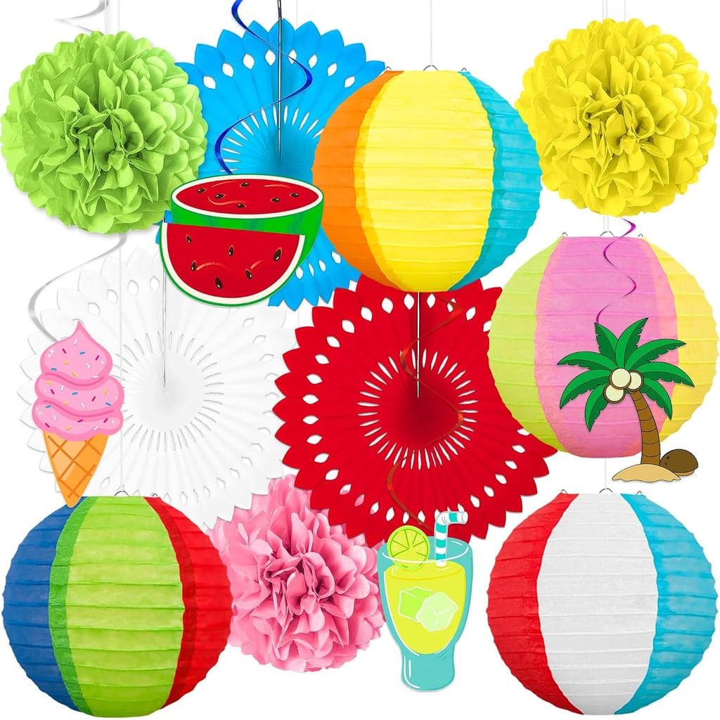 Renbuzhu 14 Peças Decorações para Festa na Praia: Lanternas de Papel, Leques, Pompons, Espirais Penduradas - Decoração c