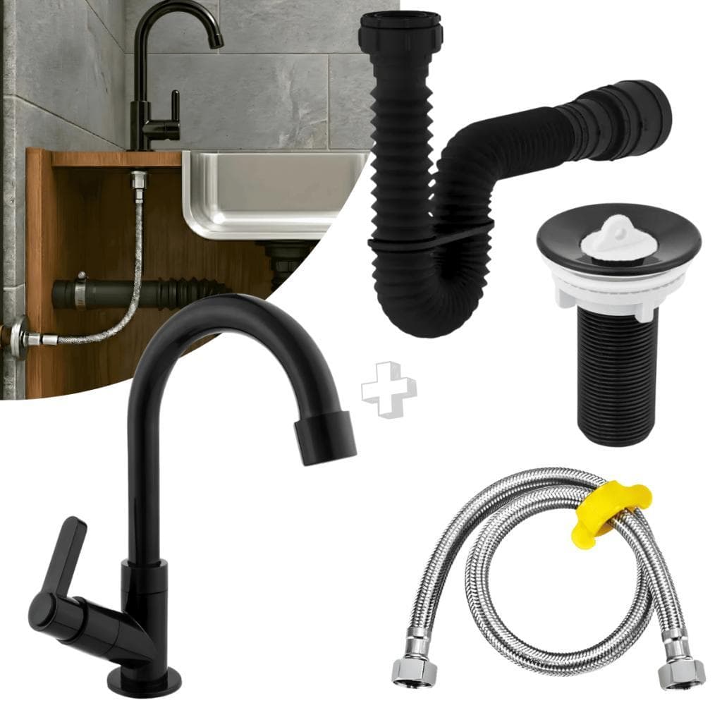 Kit Torneira Para Banheiro Preta Fosca 1/4 Volta + Válvula + Sifão + Engate Inox 60cm