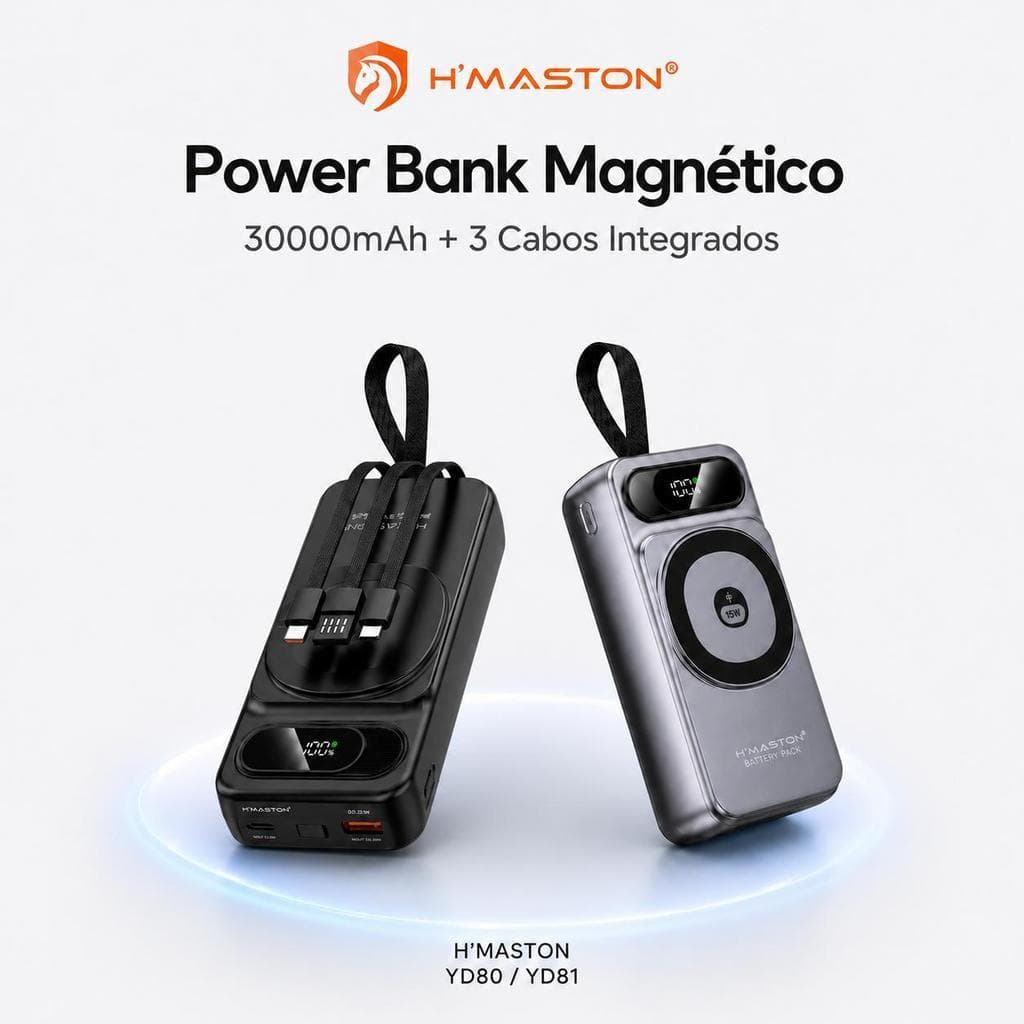 H'MASTON YD80/YD81 Power Bank Magnético 30000/20000mAh Carregador Portátil 22.5W PD20W Carregamento Rápido sem Fio 15W