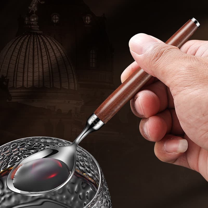 Colher de jacarandá vermelho, cabo de madeira de alto valor, utensílios de mesa de aço inoxidável 304, cabeça redonda po